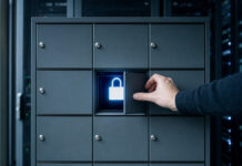 Datenschutz im Internet – mit einfache Maßnahmen die IT-Sicherheit erhöhen! Schließfachschrank im Serverraum, eine Hand schließt ein Fach mit Vorhängeschloss