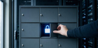 Schließfachschrank im Serverraum, eine Hand schließt ein Fach mit Vorhängeschloss