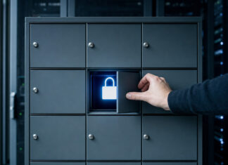 Datenschutz im Internet – mit einfache Maßnahmen die IT-Sicherheit erhöhen! Schließfachschrank im Serverraum, eine Hand schließt ein Fach mit Vorhängeschloss