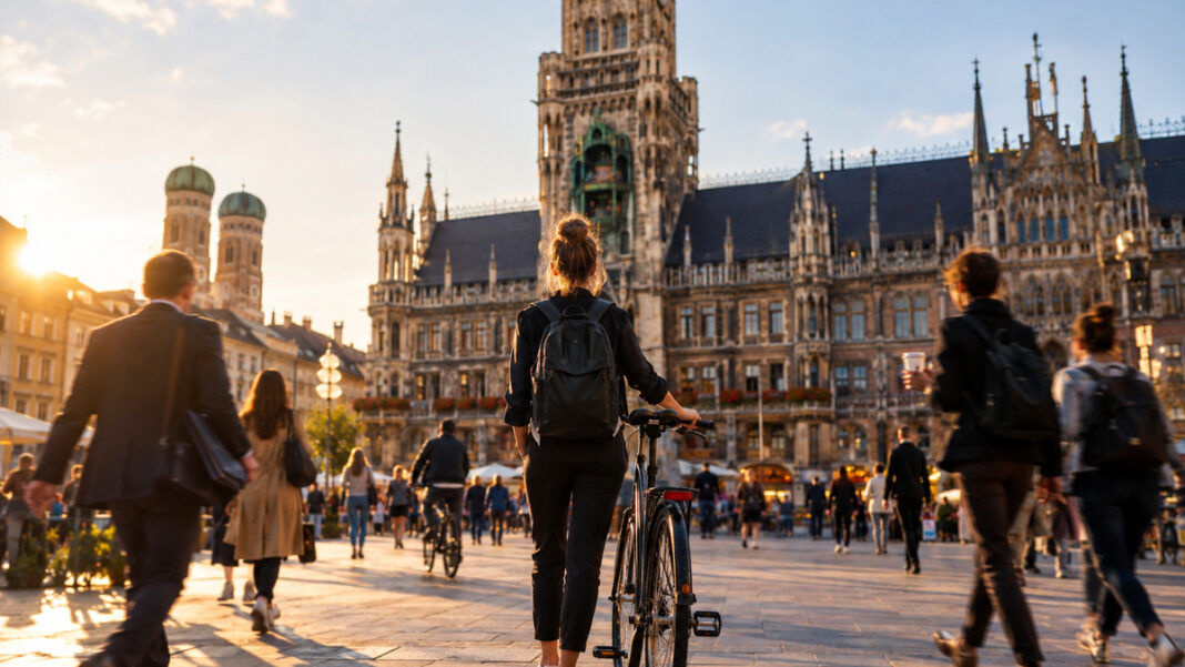 Warum in München gründen? Gründerin mit Fahrrad am Marienplatz vor dem Münchner Rathaus im Abendlicht