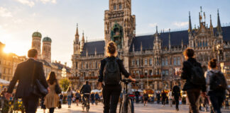 Gründerin mit Fahrrad am Marienplatz vor dem Münchner Rathaus im Abendlicht