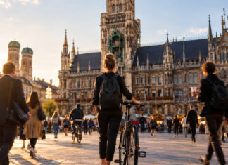 Warum sollte man in München gründen? Gründerin mit Fahrrad am Marienplatz vor dem Münchner Rathaus im Abendlicht