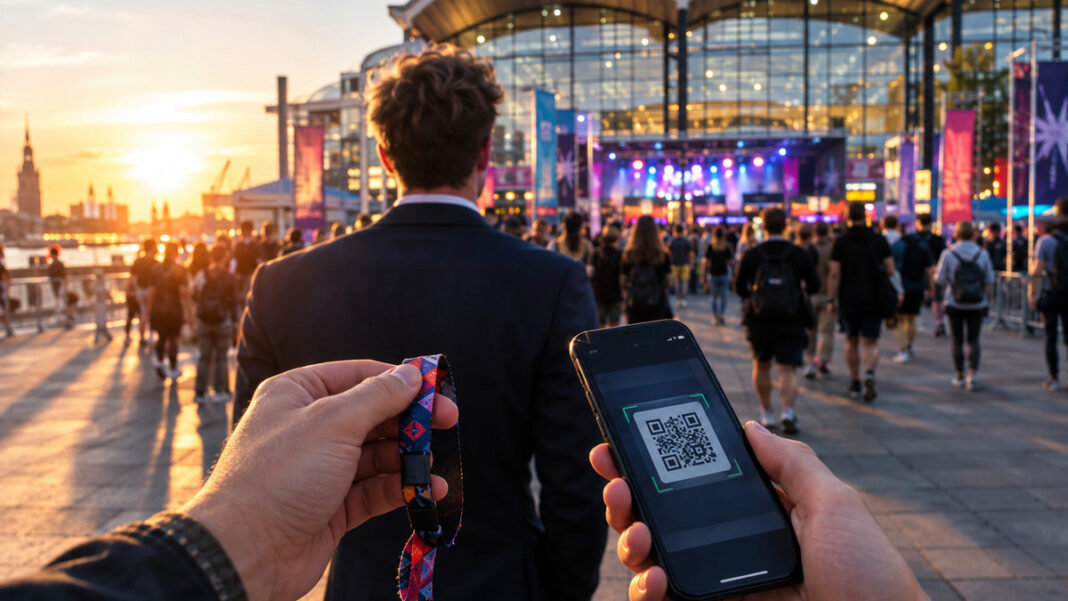 OMR Festival in Hamburg Gründer vor den Hamburger Messehallen mit Festivalarmband und Smartphone am Eingang