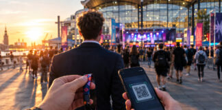 Gründer vor den Hamburger Messehallen mit Festivalarmband und Smartphone am Eingang