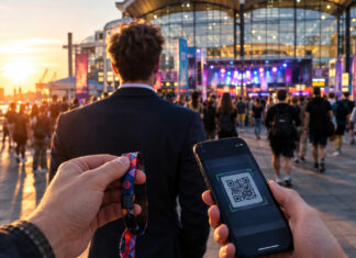 Let’s rock again- OMR 2022 in Hamburg Gründer vor den Hamburger Messehallen mit Festivalarmband und Smartphone am Eingang