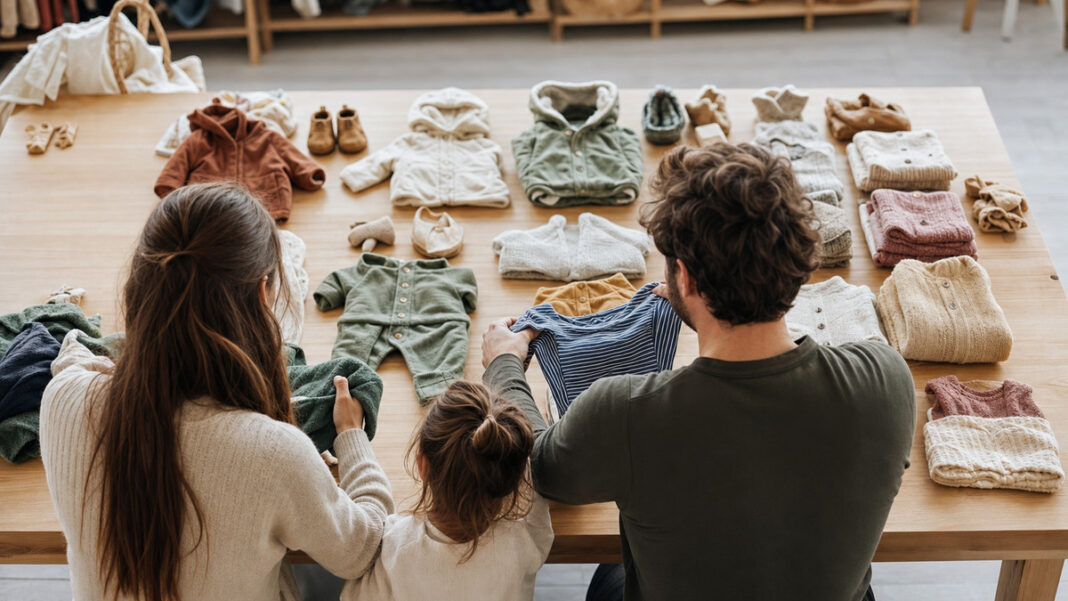 Vintage-Kids Kinderkleidung Marktplatz Sortierte Kinderkleidung auf einem Holztisch, eine Familie betrachtet die Stücke von hinten im Tageslicht.