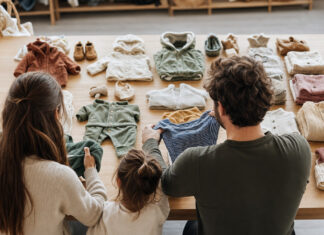 Sortierte Kinderkleidung auf einem Holztisch, eine Familie betrachtet die Stücke von hinten im Tageslicht.
