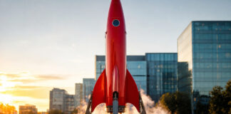 Rote Rakete auf Startrampe vor Berliner Gewerbegebäuden im Morgenlicht.