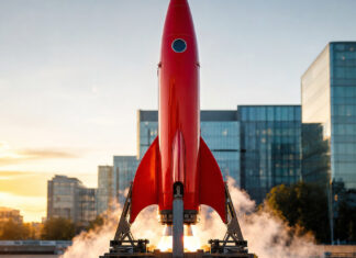 Rote Rakete auf Startrampe vor Berliner Gewerbegebäuden im Morgenlicht.