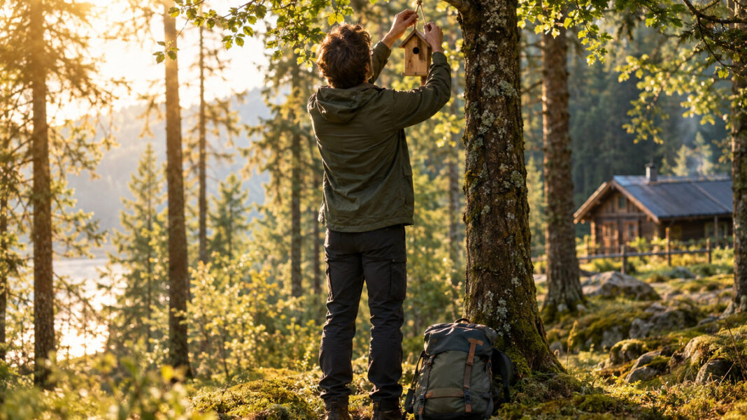 Wanderer hängt Nistkasten-Schild an einen Baum am Waldrand, im Hintergrund eine kleine Hütte