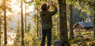 Wanderer hängt Nistkasten-Schild an einen Baum am Waldrand, im Hintergrund eine kleine Hütte