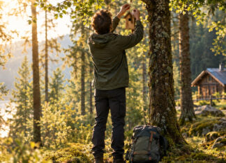 Natururlaub inklusive Naturschutz auf Naturhäuschen.de Wanderer hängt Nistkasten-Schild an einen Baum am Waldrand, im Hintergrund eine kleine Hütte