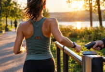 Läuferin mit Sportuhr und mobilem Scanner am Parkpfad im Morgenlicht