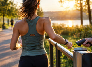 Läuferin mit Sportuhr und mobilem Scanner am Parkpfad im Morgenlicht