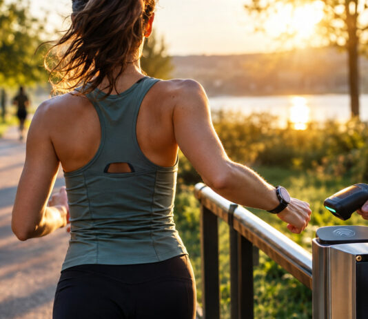 Läuferin mit Sportuhr und mobilem Scanner am Parkpfad im Morgenlicht