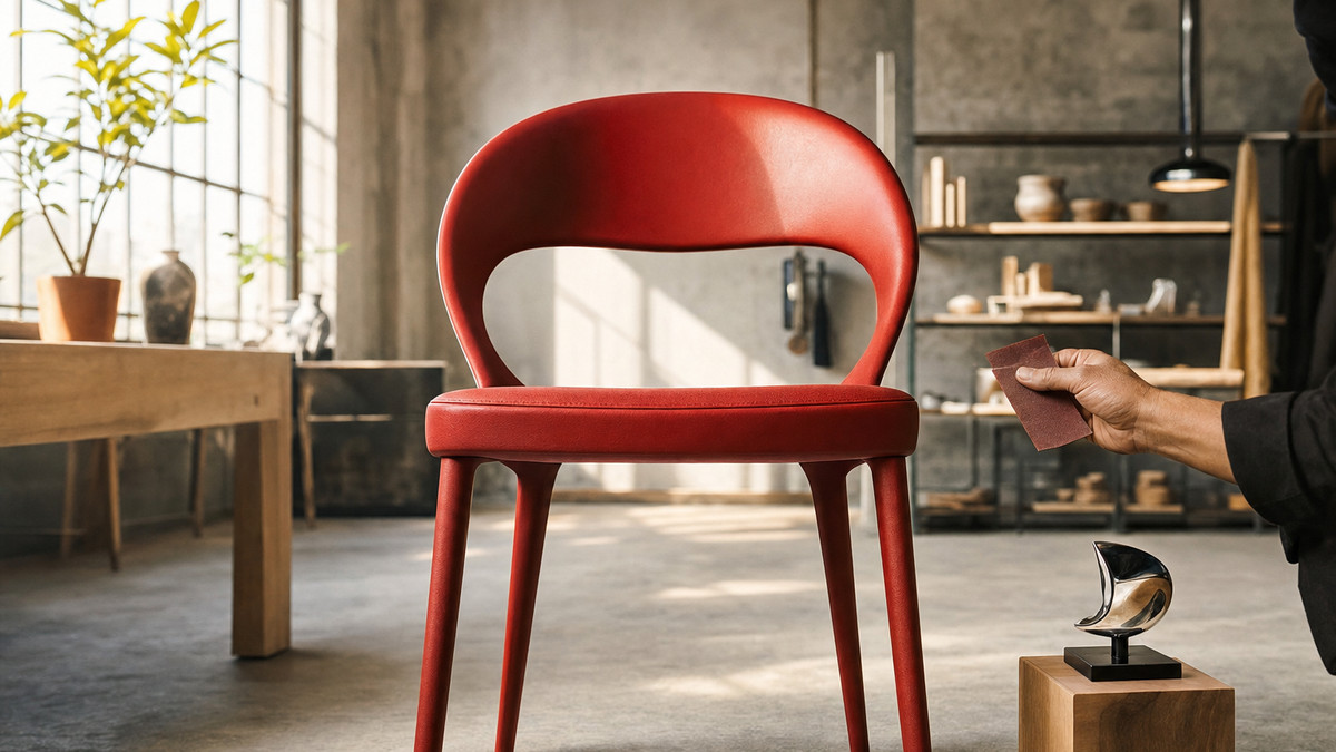 Startup News KW 25/22 | Berliner Startup gewinnt Red Dot Award Roter Designstuhl in Berliner Werkstatt neben einer Hand mit Schleifpapier, warmes Tageslicht