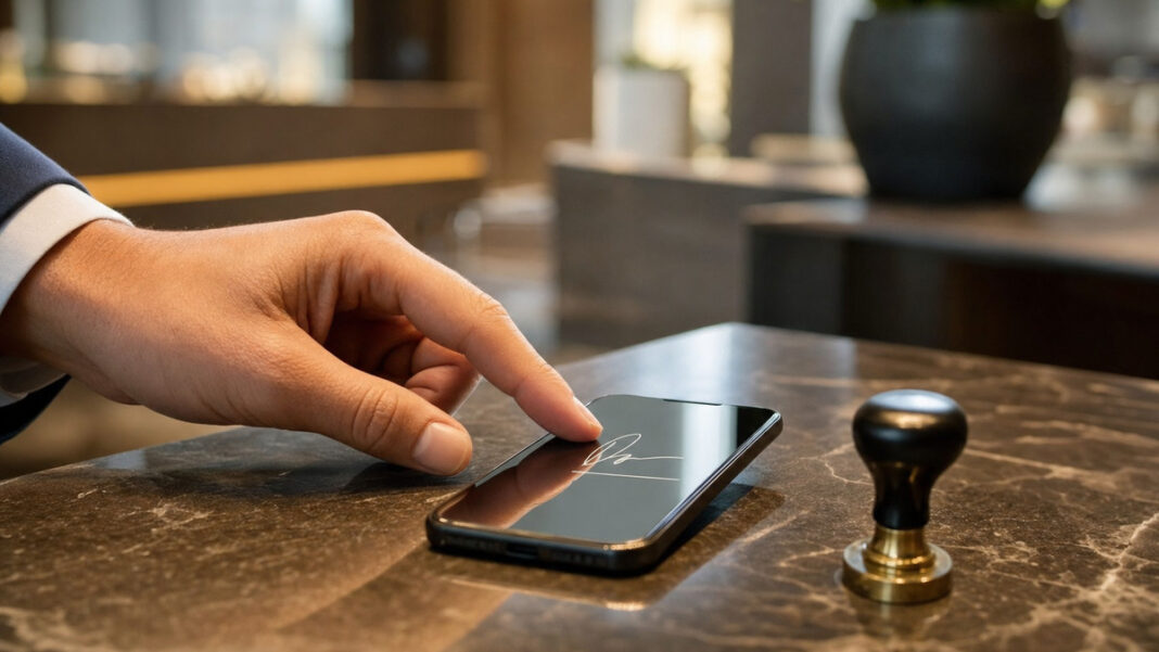 Digitale Unterschrift per Smartphone Hand bestätigt eine digitale Unterschrift auf dem Smartphone im natürlichen Licht.