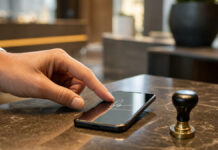 Hand bestätigt eine digitale Unterschrift auf dem Smartphone im natürlichen Licht.