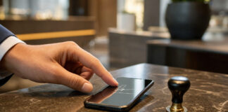Hand bestätigt eine digitale Unterschrift auf dem Smartphone im natürlichen Licht.