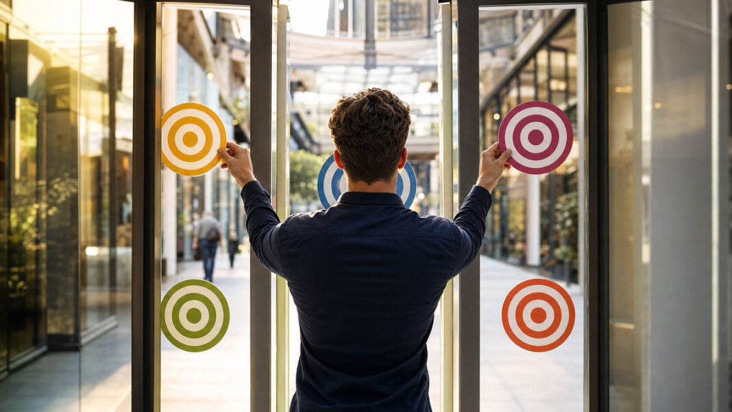 Kundenausrichtung im Marketing Person von hinten richtet Zielscheiben an einer Glastür auf verschiedene Kundenwege aus