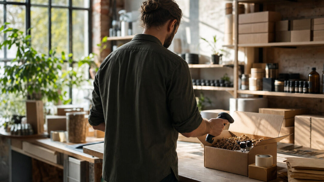 Onlineshop Checkliste für Gründer Gründer prüft Pakete und Produktmuster in einer hellen Manufaktur mit Versandbereich