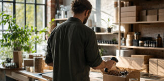 Gründer prüft Pakete und Produktmuster in einer hellen Manufaktur mit Versandbereich