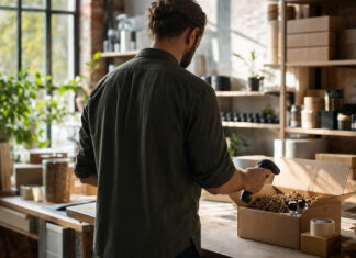 Gründer prüft Pakete und Produktmuster in einer hellen Manufaktur mit Versandbereich
