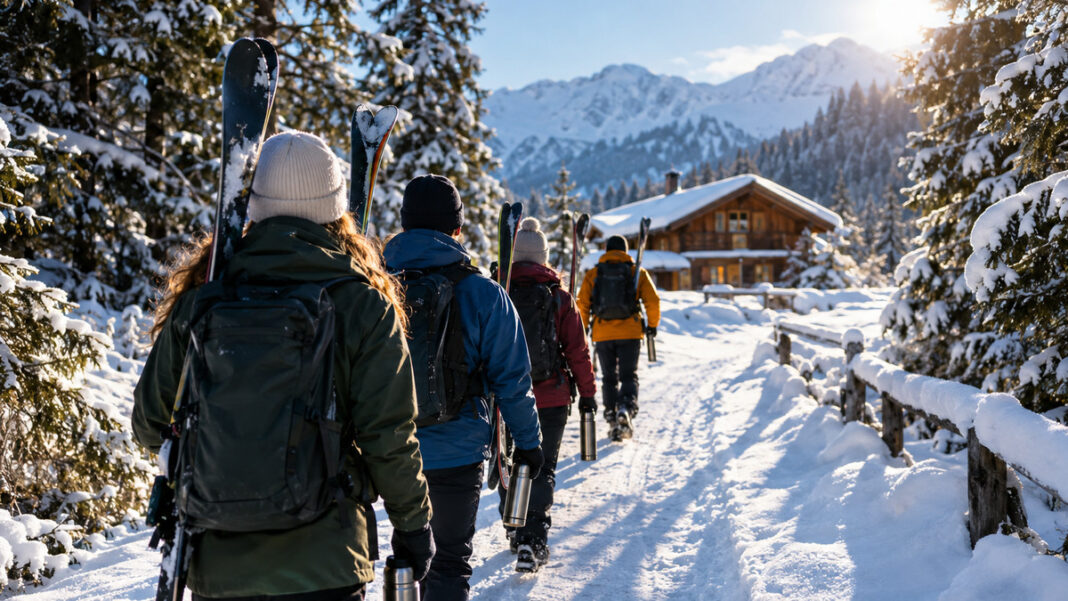 Winter-Betriebsausflug in den Bergen Mitarbeitende gehen mit Skiern und Thermoskannen durch eine verschneite Winterlandschaft zur Hütte.