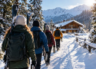 Mitarbeitende gehen mit Skiern und Thermoskannen durch eine verschneite Winterlandschaft zur Hütte.