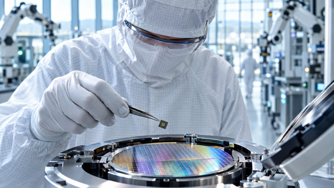 Techniker hält einen Mikrochip über einem Wafer in einer Halbleiter-Fertigungsanlage