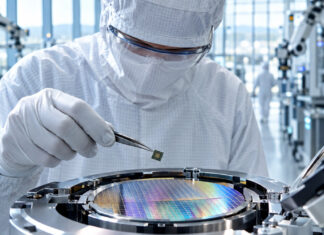 Techniker hält einen Mikrochip über einem Wafer in einer Halbleiter-Fertigungsanlage