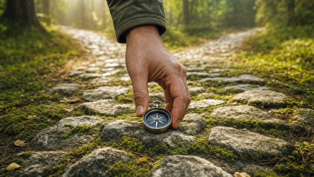 Hand setzt einen Kompass auf einen Steinpfad mit Weggabelung im Morgenlicht.