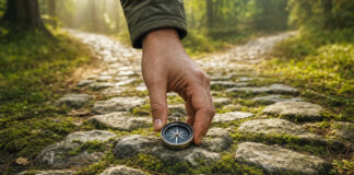 Hand setzt einen Kompass auf einen Steinpfad mit Weggabelung im Morgenlicht.