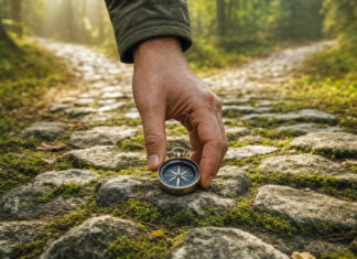 Hand setzt einen Kompass auf einen Steinpfad mit Weggabelung im Morgenlicht.