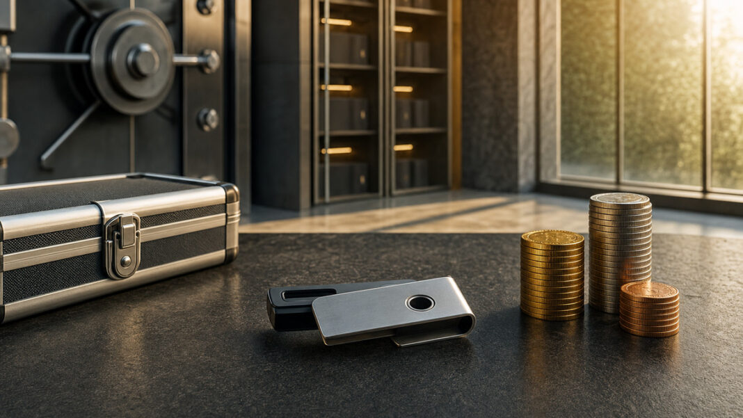 Krypto-Börsen-Vergleich Hardware-Wallet neben Münzstapeln in einem Tresorraum bei natürlichem Licht