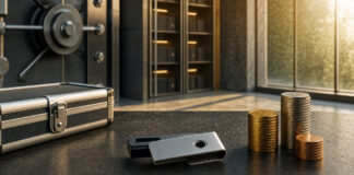 Hardware-Wallet neben Münzstapeln in einem Tresorraum bei natürlichem Licht