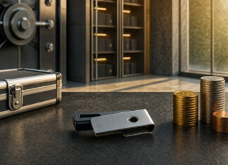 Hardware-Wallet neben Münzstapeln in einem Tresorraum bei natürlichem Licht