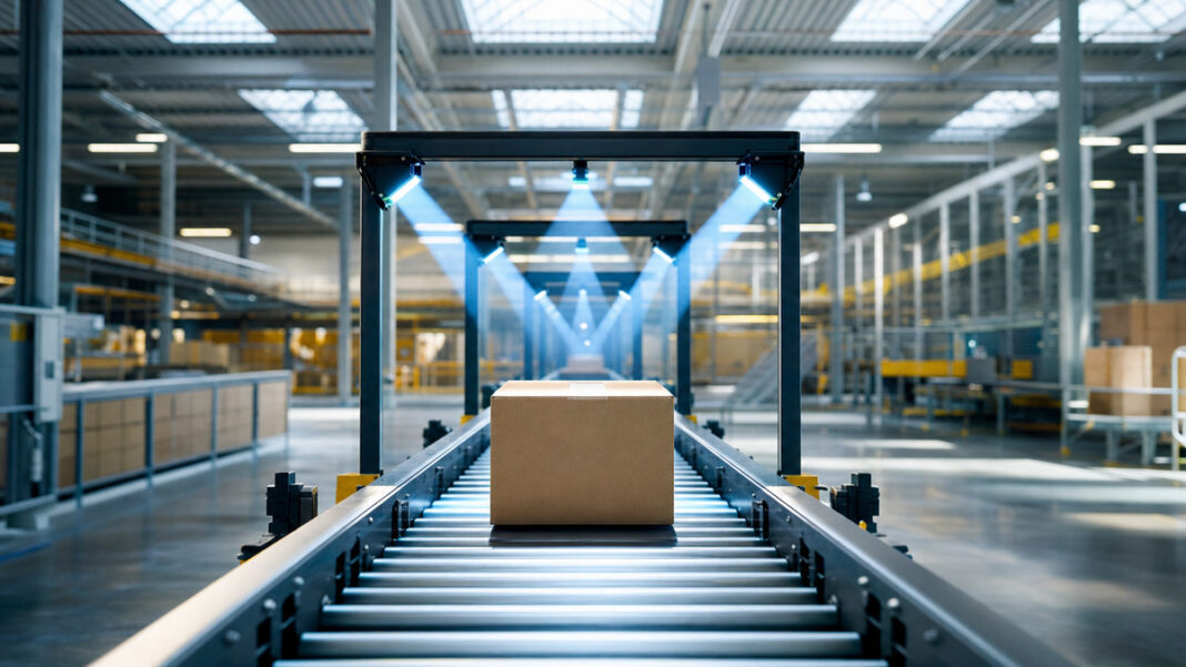 Digitales Geschaeftsmodell in der Logistik Paketsortierband in heller Halle mit Scan-Lichtboegen und einem Paket im Zentrum