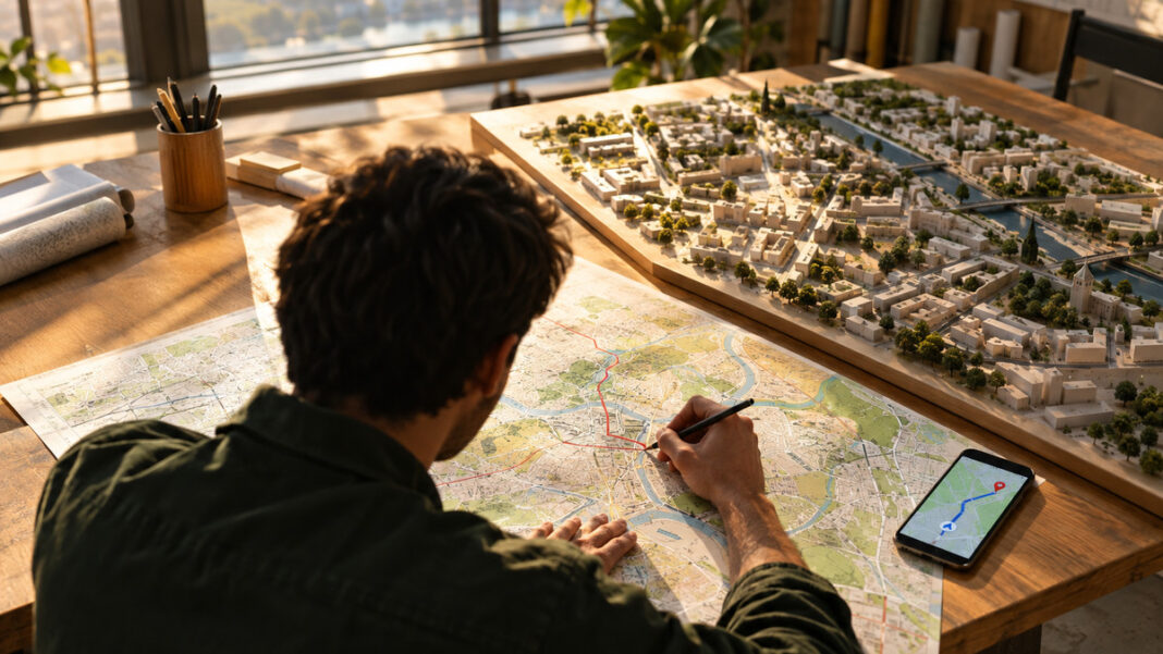 Hand korrigiert eine Straßenkarte neben einem Stadtmodell und einem Smartphone mit Navigation