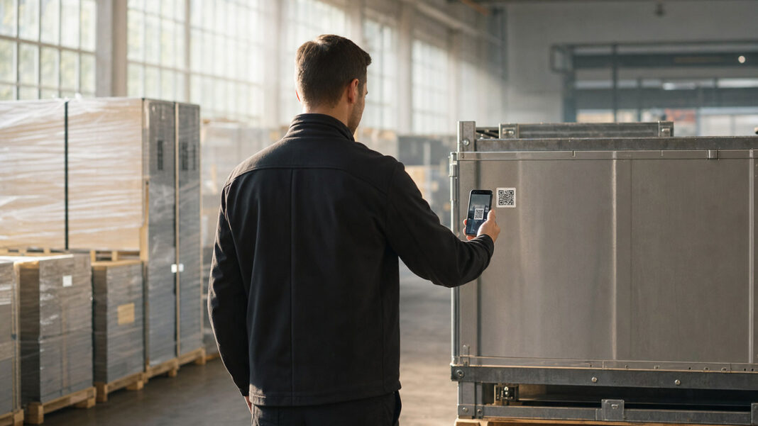 Silhouette scannt QR-Code an Produktpalette in heller Industriehalle
