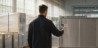 Silhouette scannt QR-Code an Produktpalette in heller Industriehalle
