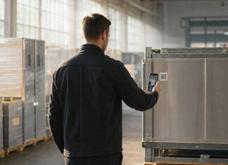 Silhouette scannt QR-Code an Produktpalette in heller Industriehalle