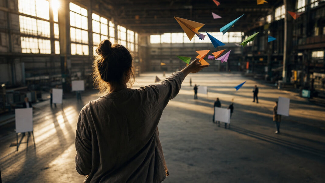 Reichweite für Gründer Gründerin wirft Papierflieger in eine helle Werfthalle mit Plakatträgern
