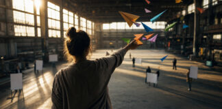 Gründerin wirft Papierflieger in eine helle Werfthalle mit Plakatträgern