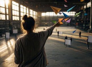 Gründerin wirft Papierflieger in eine helle Werfthalle mit Plakatträgern