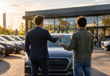 Wie unabhängige Autohändler globale Autovermietungsunternehmen herausfordern Händler übergibt vor einem Autohaus einen Schlüssel neben einem Wagen im warmen Nachmittagslicht