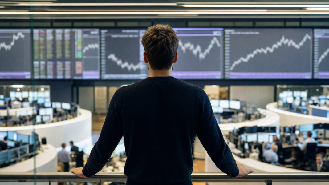 Trader an der Börse Trader von hinten an der Börse mit Blick auf Kursanzeigen