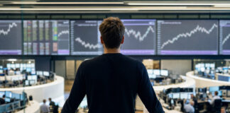 Trader von hinten an der Börse mit Blick auf Kursanzeigen