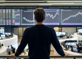 Trader von hinten an der Börse mit Blick auf Kursanzeigen