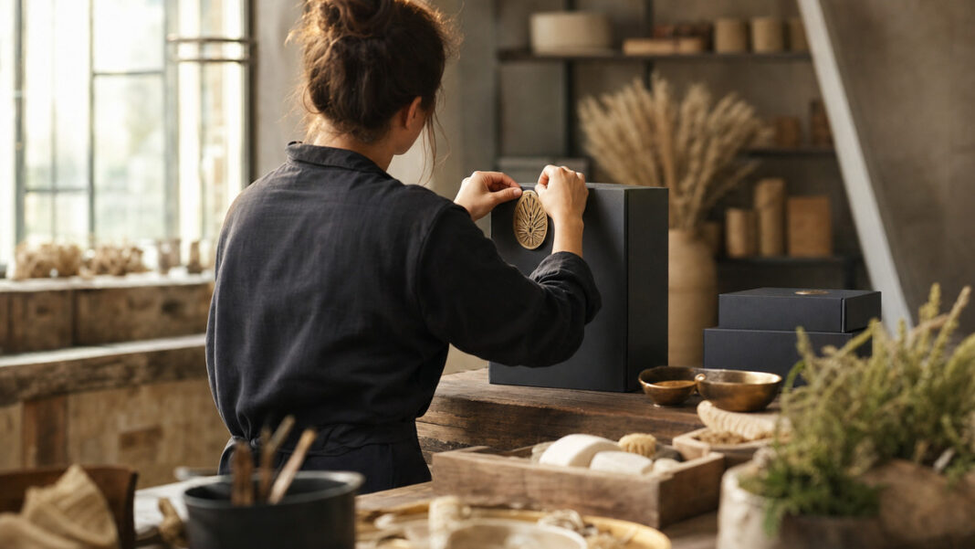 Person von hinten montiert ein Messing-Emblem auf eine Produktverpackung in einer Manufaktur